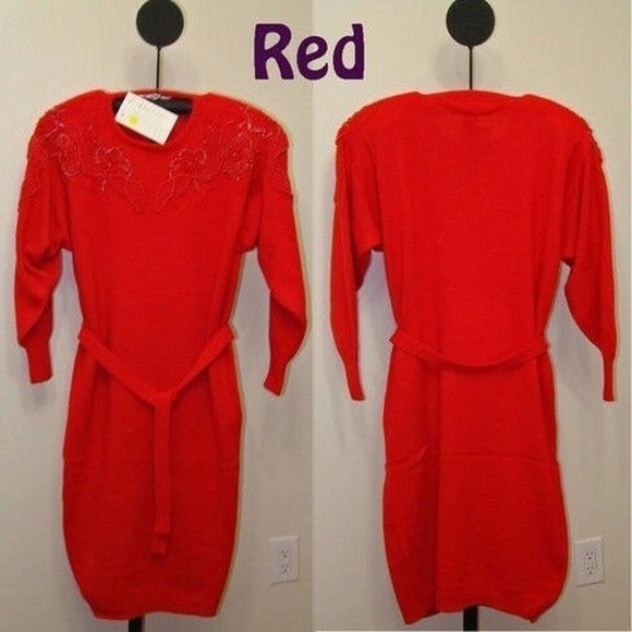 4916 Belldini Women's Acrylic Beaded Sweater Dress  - Red Medium - Picture 1 of 2